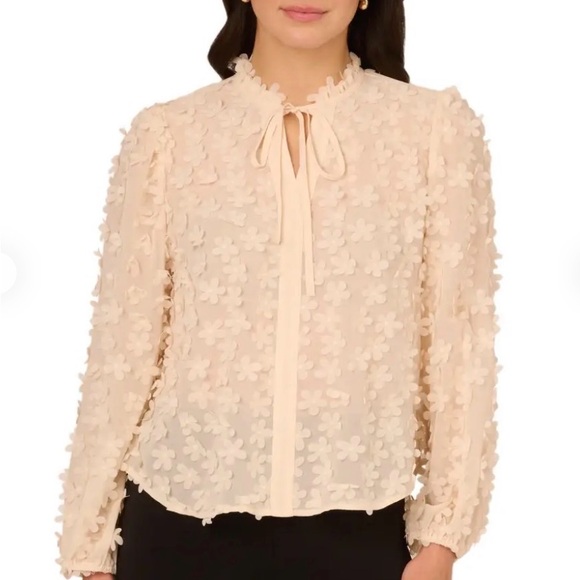 Adrianna Papell Tops - Adrianna Papell 3D Flower Tie Neck Sheer Blouse M Vanilla